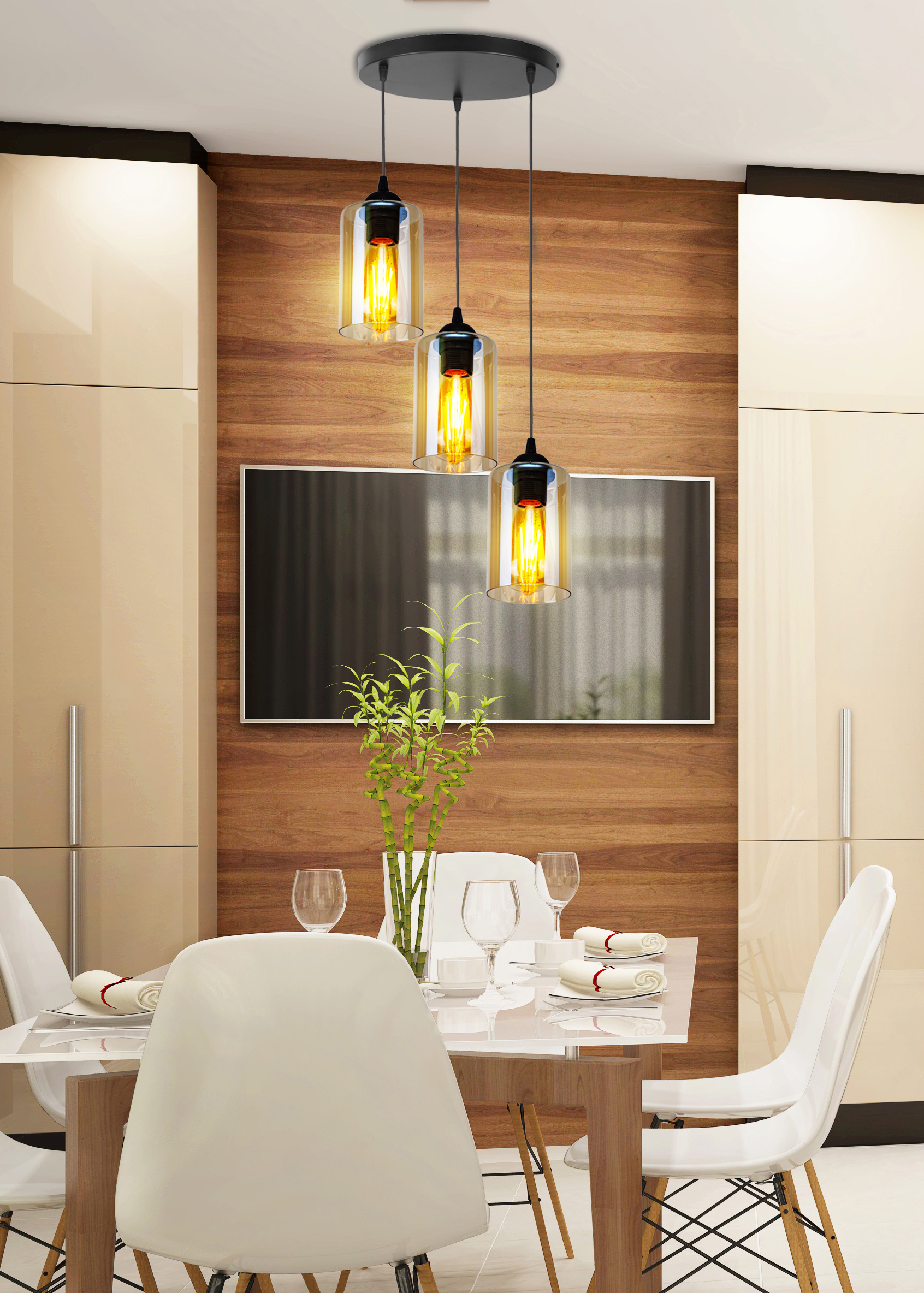Bistro lampa wisząca czarny talerz 3x40w e27 klosz brązowy - obrazek 3