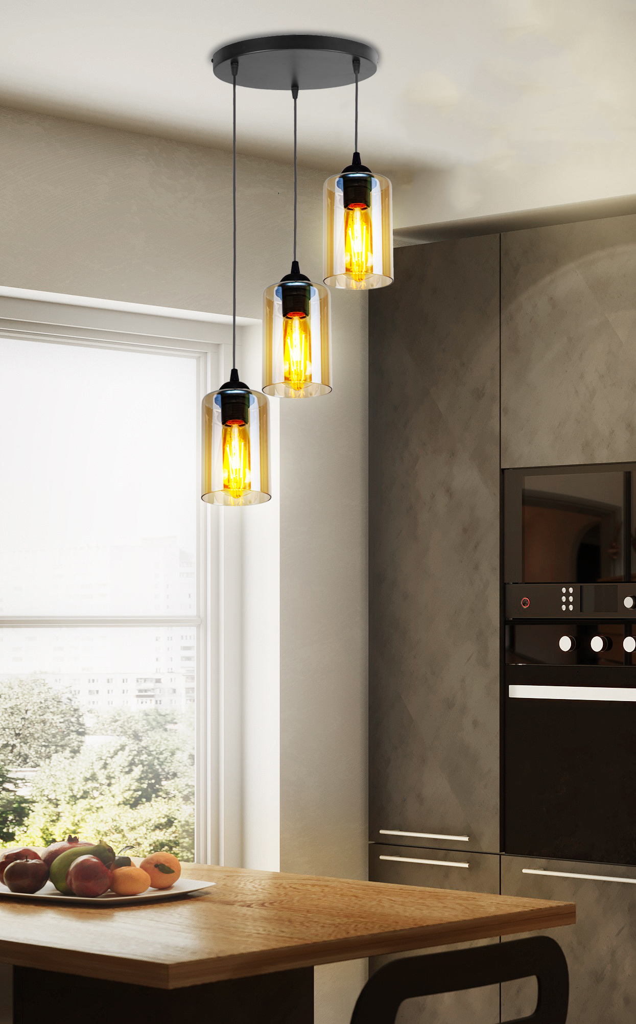 Bistro lampa wisząca czarny talerz 3x40w e27 klosz brązowy - obrazek 4
