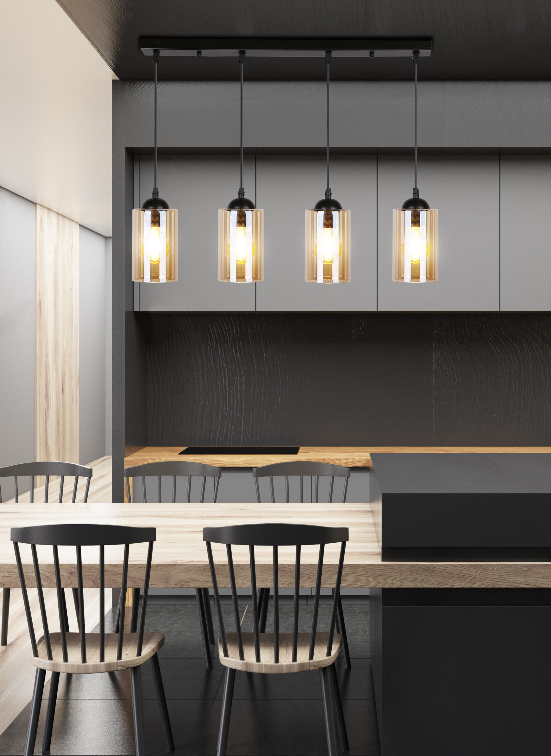 Bistro lampa wisząca czarny 4x40w e27 klosz brązowy - obrazek 3