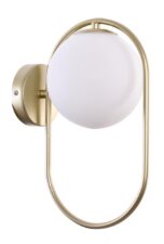 Kinkiet ścienny CORDEL elegancki – złoty mosiądzowany ring z mlecznym kloszem kulką - elegancka lampa ścienna G9 LED