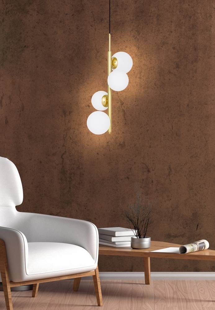 Lampa wisząca CORDEL elegancka - złoty mosiądz z białymi kloszami kulkami - designerska lampa do salonu 4x G9 LED - obrazek 3