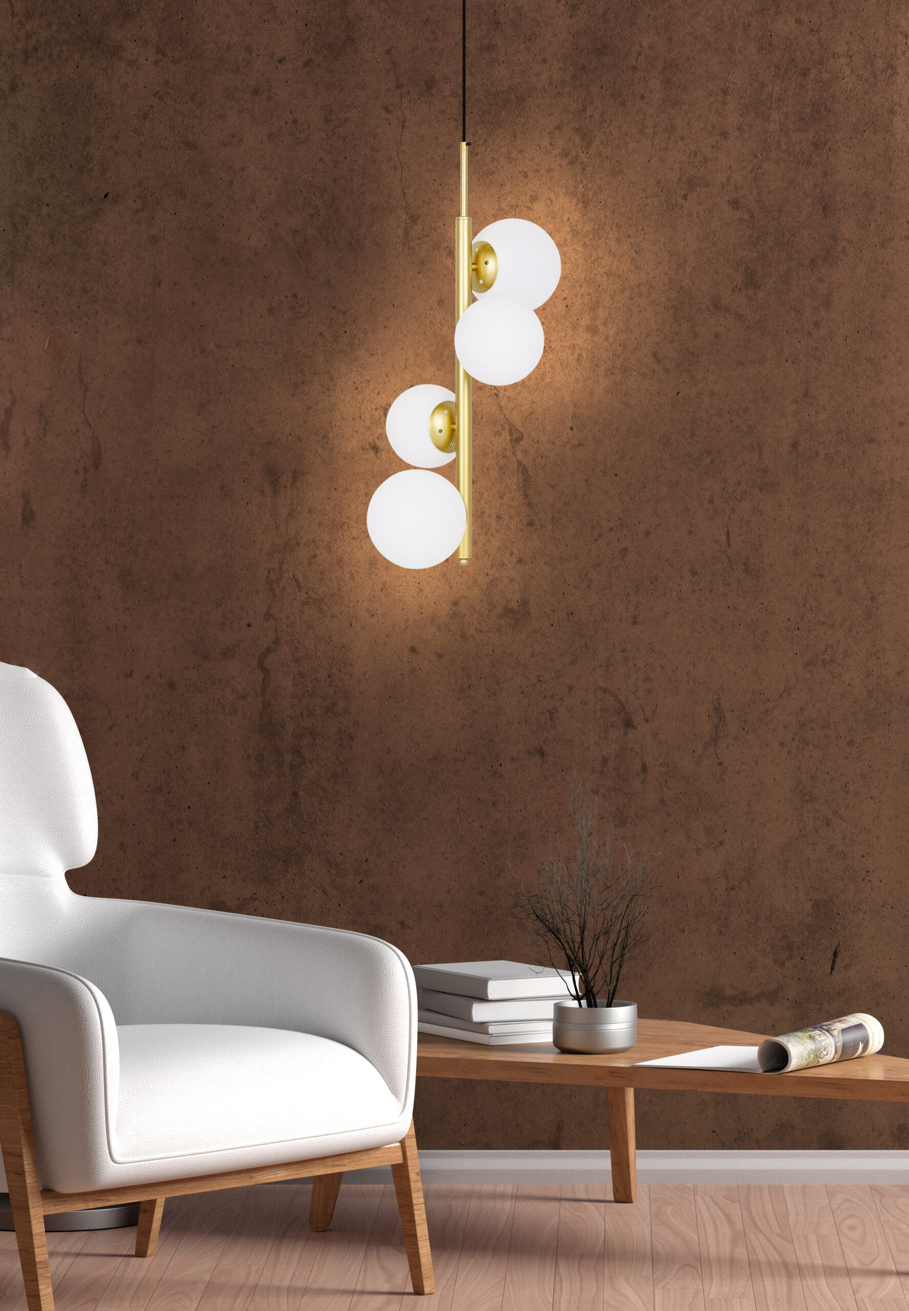 Lampa wisząca CORDEL elegancka - złoty mosiądz z białymi kloszami kulkami - designerska lampa do salonu 4x G9 LED - obrazek 8