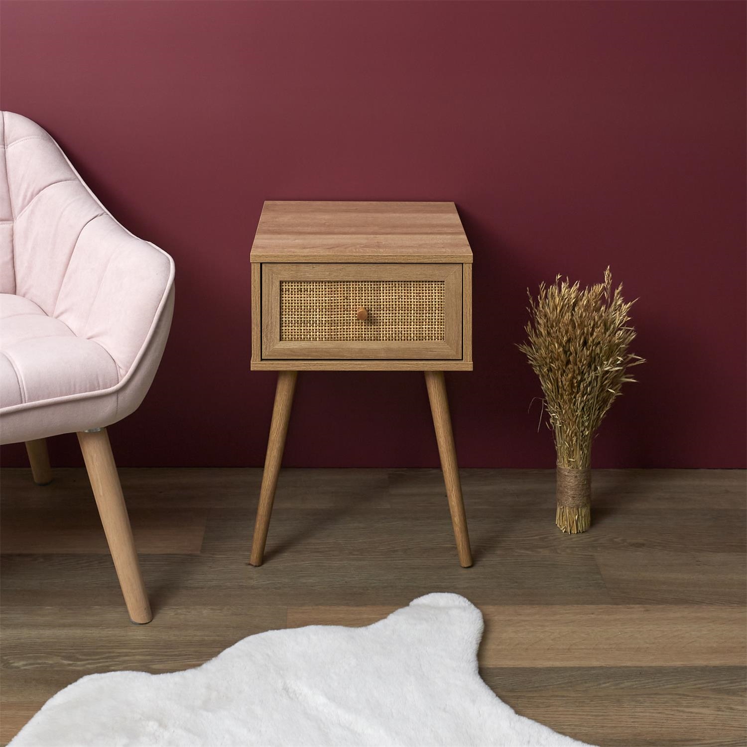 Szafka nocna naturalna Bali boho z plecionym frontem na nóżkach 34 cm - obrazek 7