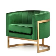 Fotel Madame glamour błyszczący welur butelkowa zieleń – luksusowa złota podstawa
