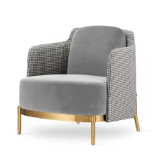Stylowy fotel wypoczynkowy Empoli glamour jasnoszary velvet - pepitka, złota podstawa