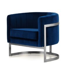Fotel wypoczynkowy do sypialni Madame ciemnogranatowy welur – elegancka srebrna podstawa