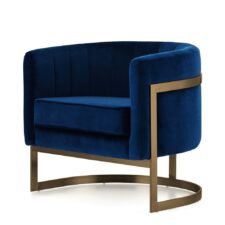 Elegancki fotel Madame ciemnogranatowy velvet – okrągły, mosiężny stelaż glamour