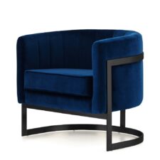 Designerski fotel Madame ciemnogranatowy welur okrągły –elegancka czarna podstawa