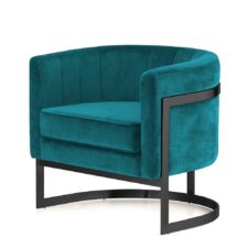 Nowoczesny fotel okrągły Madame morski welur – designerska czarna podstawa