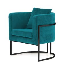 Fotel lounge Miriam Velvet morski – welurowy fotel glamour do wnętrz premium na czarnej podstawie