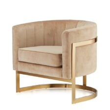 Fotel do sypialni Madame glamour welur jasny beż okrągły – nowoczesna złota podstawa
