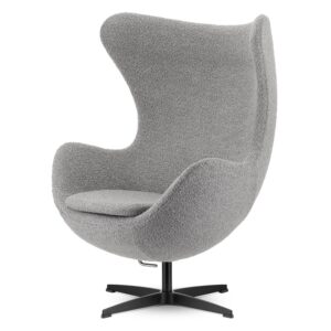Stylowy Egg Chair Treviso – obrotowy i bujany fotel do salonu w skandynawskim stylu, szara bukla, czarna podstawa