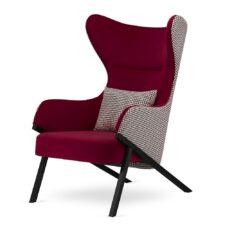 Fotel Classy bordowy glamour – elegancki uszak do salonu, pepitka, czarna podstawa