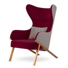 Fotel tapicerowany Classy bordowy – wygodny uszak glamour z pepitką i podstawą różowe złoto