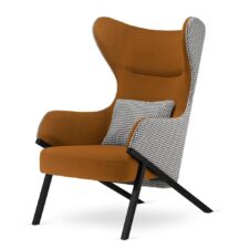 Fotel salonowy Classy miodowy pepitka – glamour, komfortowy uszak z czarną podstawą