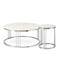 Vivien zestaw okrągłych stolików kawowych marmur styl glamour Biały Chrom