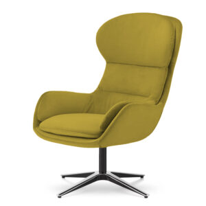 Designerski fotel Maribo velvet zielonożółty – komfortowy skandynawski fotel obrotowy z podłokietnikami do salonu