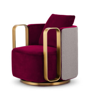 Fotel obrotowy Sona Bordowy – elegancki glamour z pepitką i złotymi dodatkami