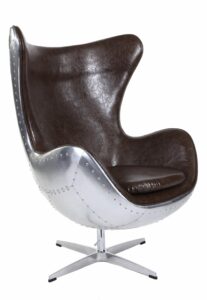 Fotel Egg Jajo Aluminium – brązowa ekoskóra, fotel do salonu w stylu industrialnym