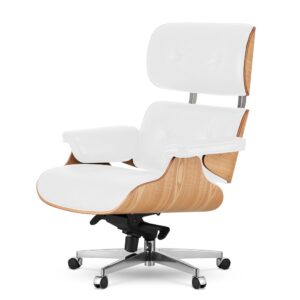 Fotel salonowy Lucera NEW XL biała skóra, fornir jasny dąb, podstawa obrotowa na kółkach - nowoczesny lounge chair