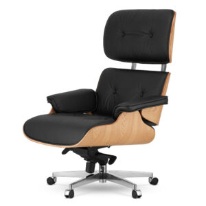 Fotel Biurowy Lucera NEW XL Czarna Skóra Ekologiczna, Jasny Dąb, Obrotowa Podstawa na Kółkach – styl Lounge Chair