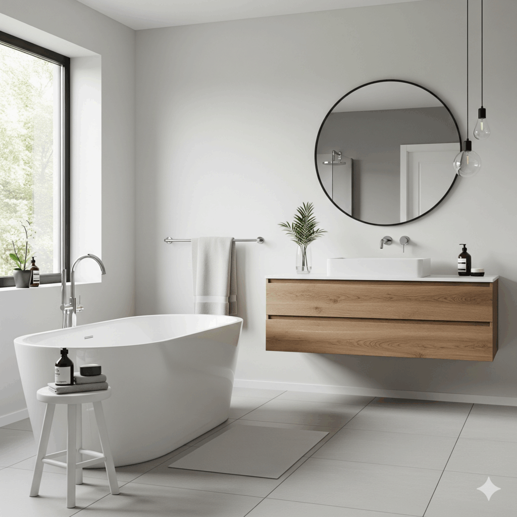 Nowoczesna łazienka Homessimo z dębową szafką pod umywalkę i dużym okrągłym lustrem.