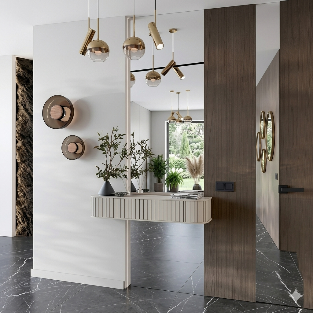 Kategoria Przedpokój Homessimo: podwieszana toaletka Zylio w kolorze kaszmiru, duże lustro, ciemna marmurowa podłoga i designerskie oświetlenie.