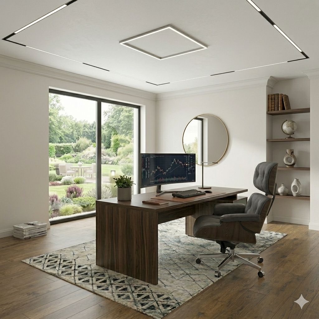 Kategoria Biuro Homessimo.pl: Wnętrze dedykowanego pokoju biurowego w stylu loftowym. Widoczne: masywne biurko z dębu wotan, czarny fotel ze skóry i palisandru, duży monitor i oświetlenie szynowe LED.