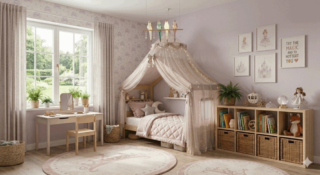 Pokój dla dziewczynki Homessimo: łóżko domek z różowym baldachimem, drewniane biurko, regał na zabawki i dywan z motywem korony