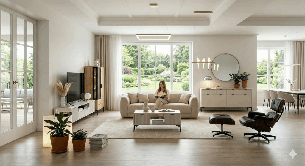 "Nowoczesny i przestronny salon z meblami Homessimo: jasna sofa, stolik kawowy, szafka RTV i fotel w stylu skandynawskim."