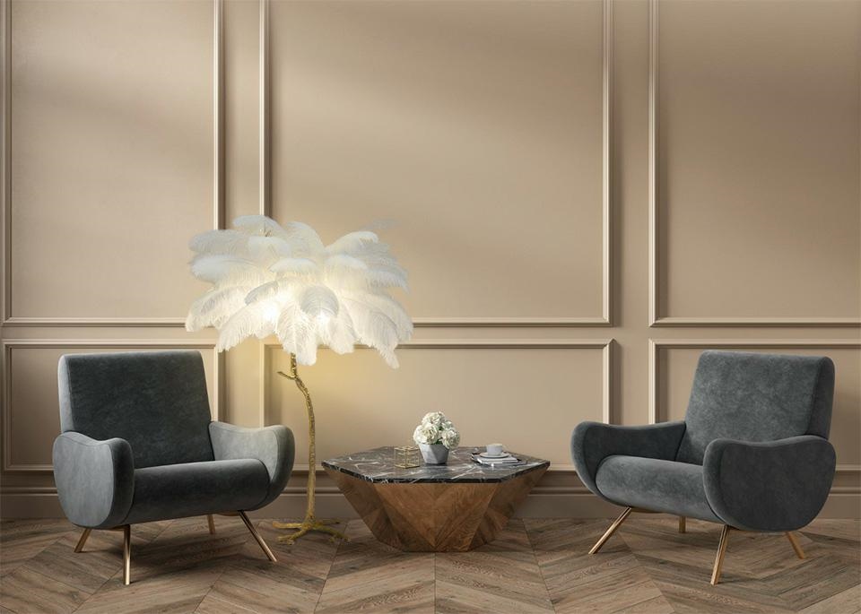 MOOSEE lampa podłogowa TIFFANY 175 biała mosiądz / naturalne pióra - obrazek 3