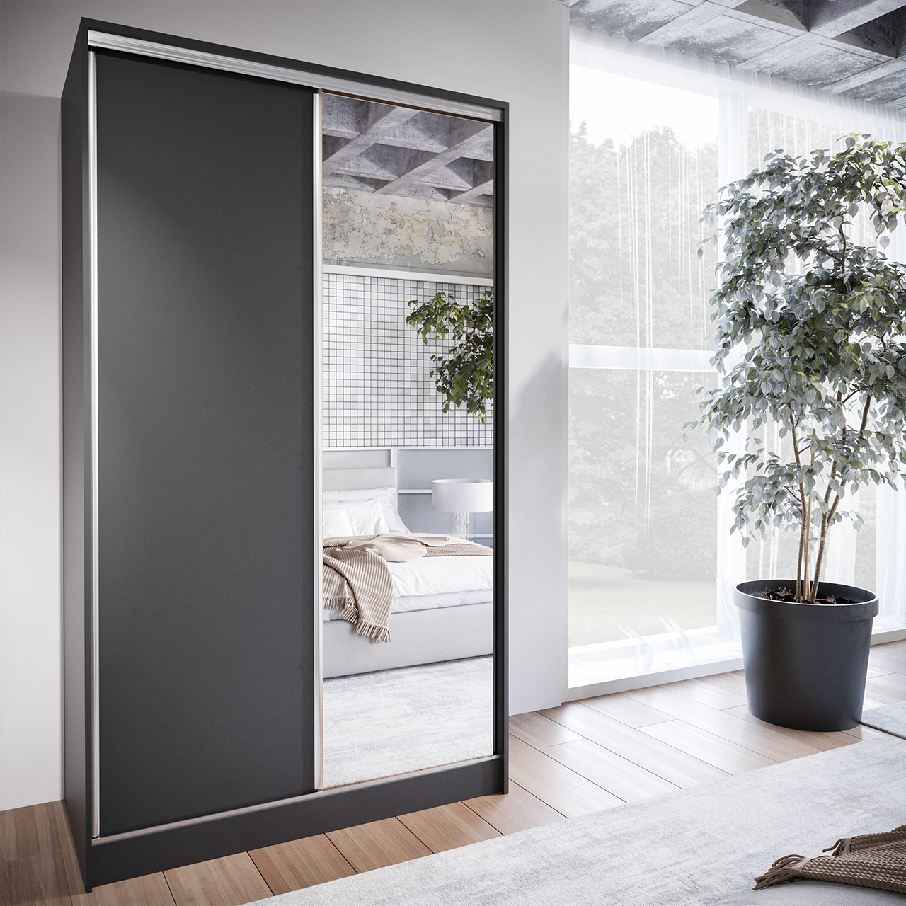 Szafa przesuwna z lustrem i szufladami CORINA C 120 czarna - obrazek 4