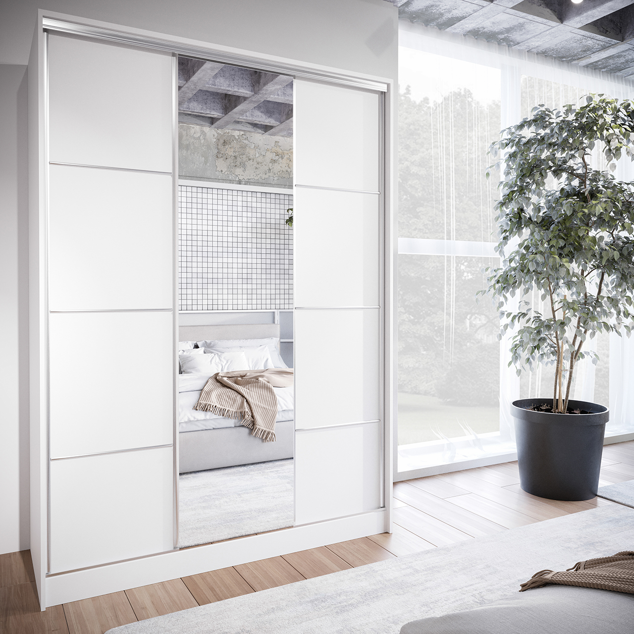 Szafa przesuwna z lustrem i szufladami ELIA D 150 biała - obrazek 5