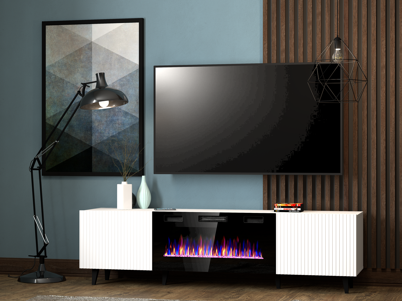 Komoda RTV FASO 180 z kominkiem biała - obrazek 4