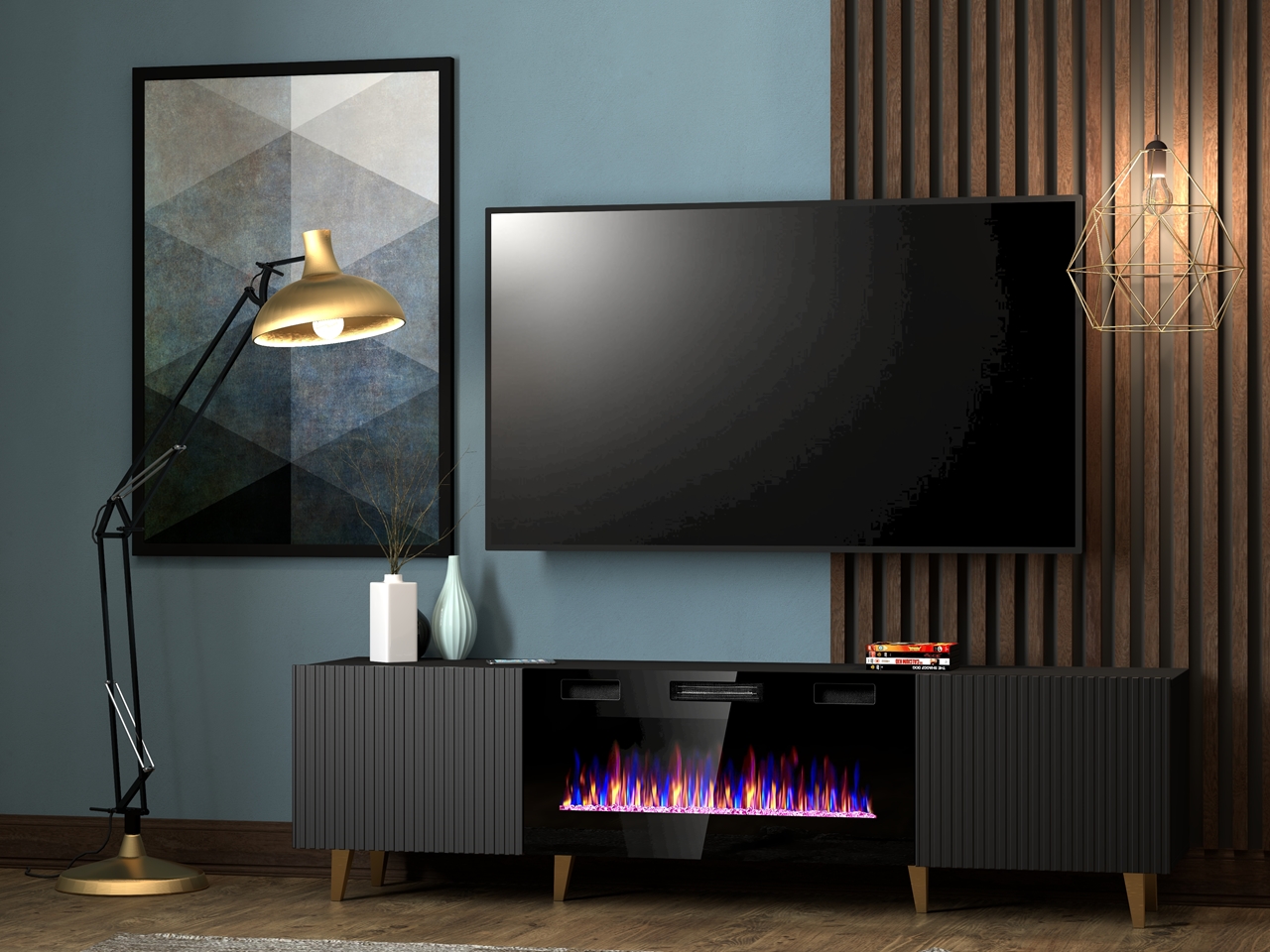 Komoda RTV FASO 180 z kominkiem czarna - obrazek 3