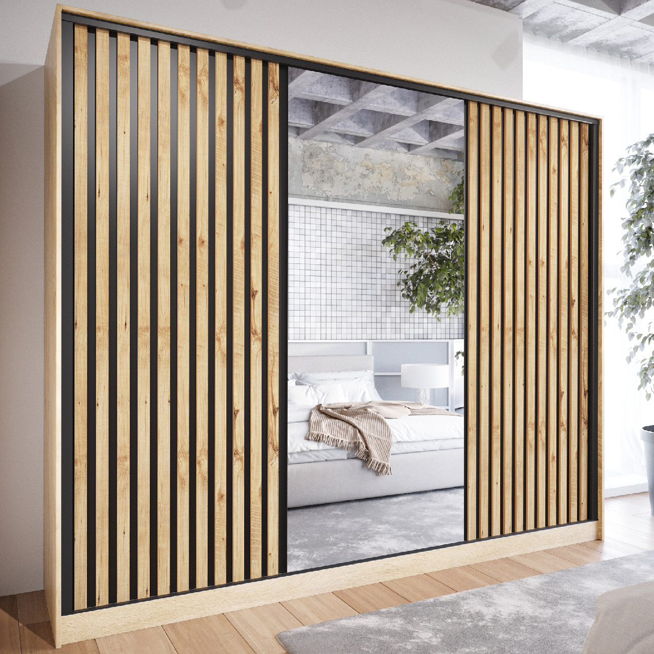 Szafa przesuwna z lustrem i szufladami LIPI D 250 sonoma / dąb wotan / czarny - obrazek 5