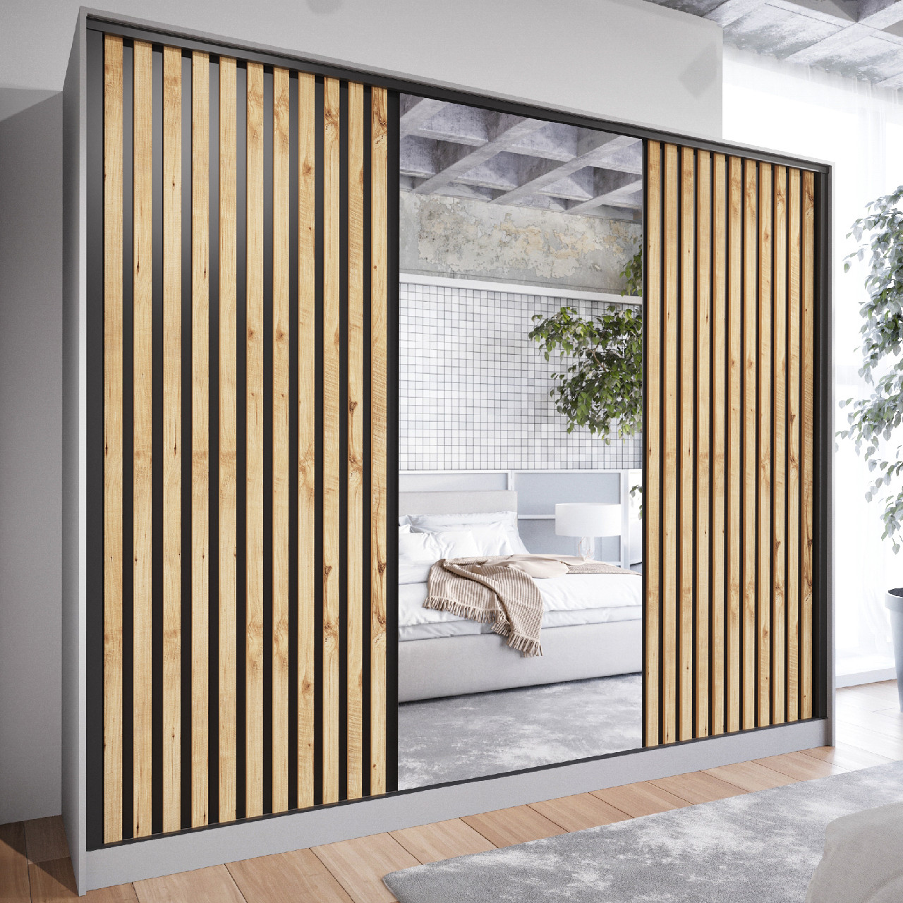 Szafa przesuwna z lustrem LIPI B 270 szary / dąb wotan / czarny - obrazek 5