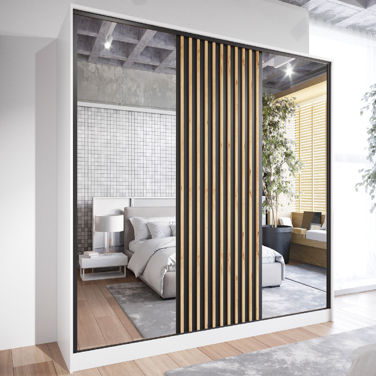 Szafa przesuwna z lustrem SOLI B 180 biały / dąb wotan / czarny - obrazek 4