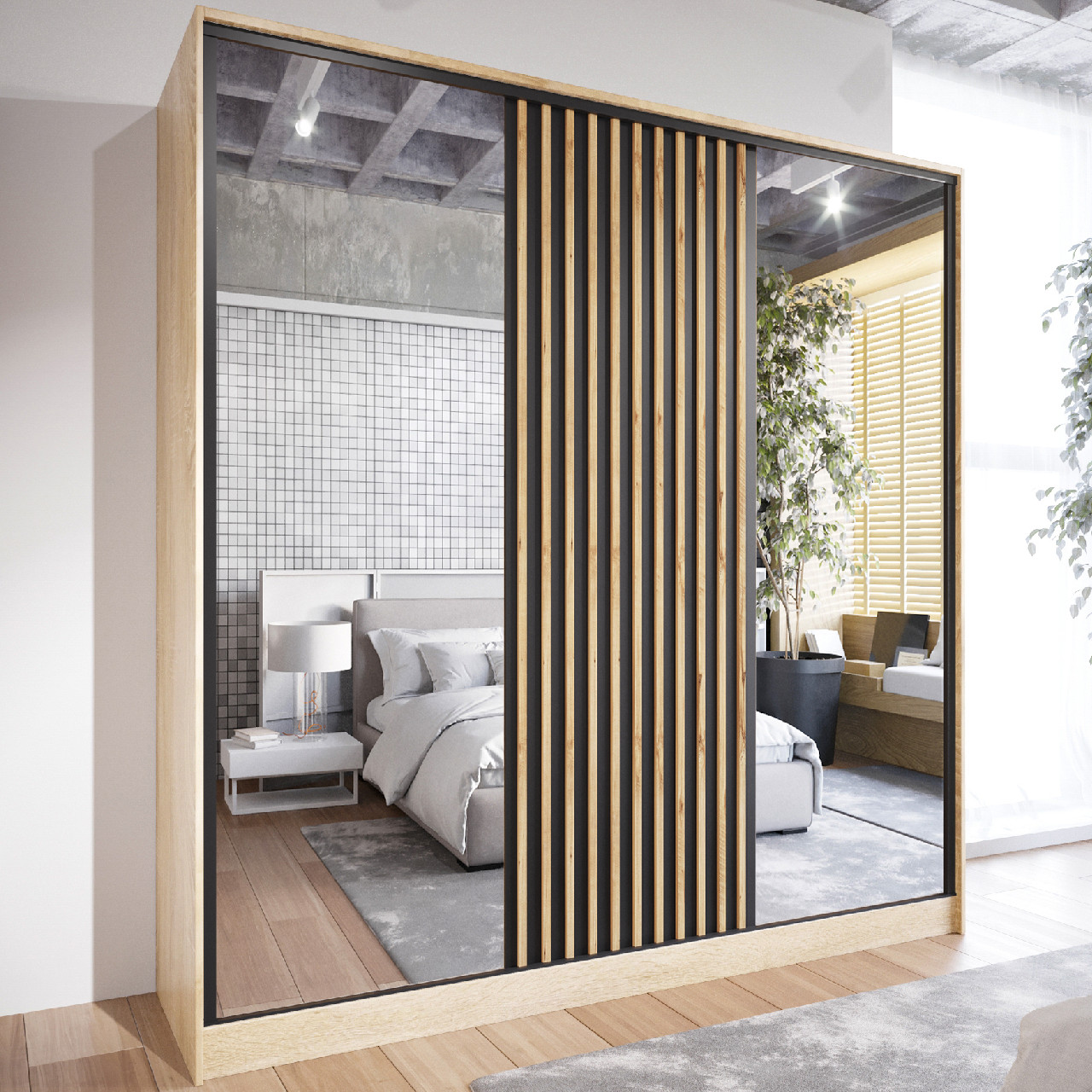 Szafa przesuwna z lustrem SOLI B 180 sonoma / dąb wotan / czarny - obrazek 4