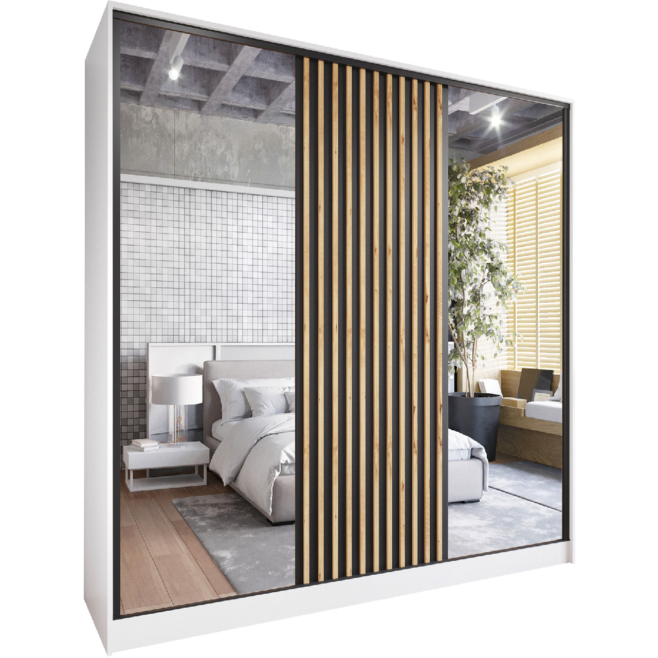 Designerska szafa przesuwna SOLI D 200 cm biały / dąb wotan / czarny z lustrem i szufladami – elegancka garderoba do sypialni, salonu i przedpokoju