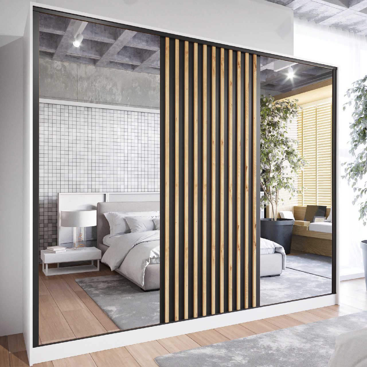 Szafa przesuwna z lustrem SOLI B 270 biały / dąb wotan / czarny - obrazek 5