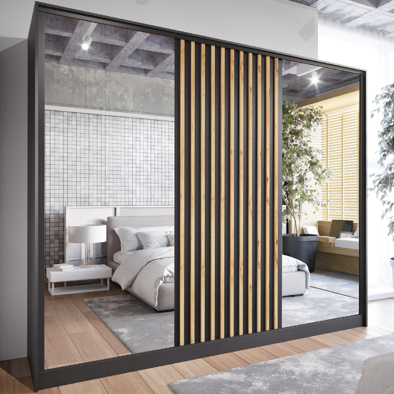 Szafa przesuwna z lustrem i szufladami SOLI D 270 czarny / dąb wotan - obrazek 5