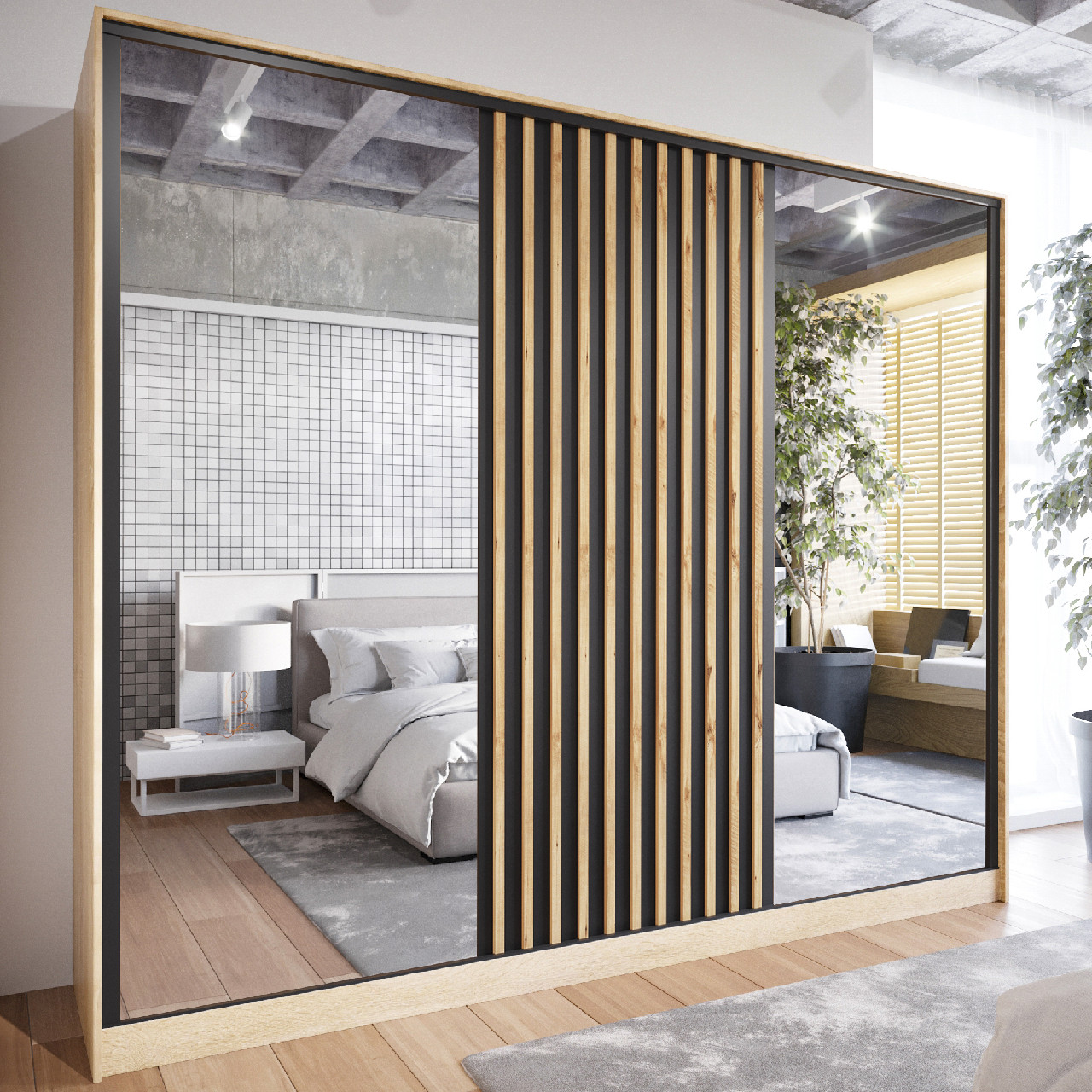 Szafa przesuwna z lustrem i szufladami SOLI D 270 sonoma / dąb wotan / czarny - obrazek 5