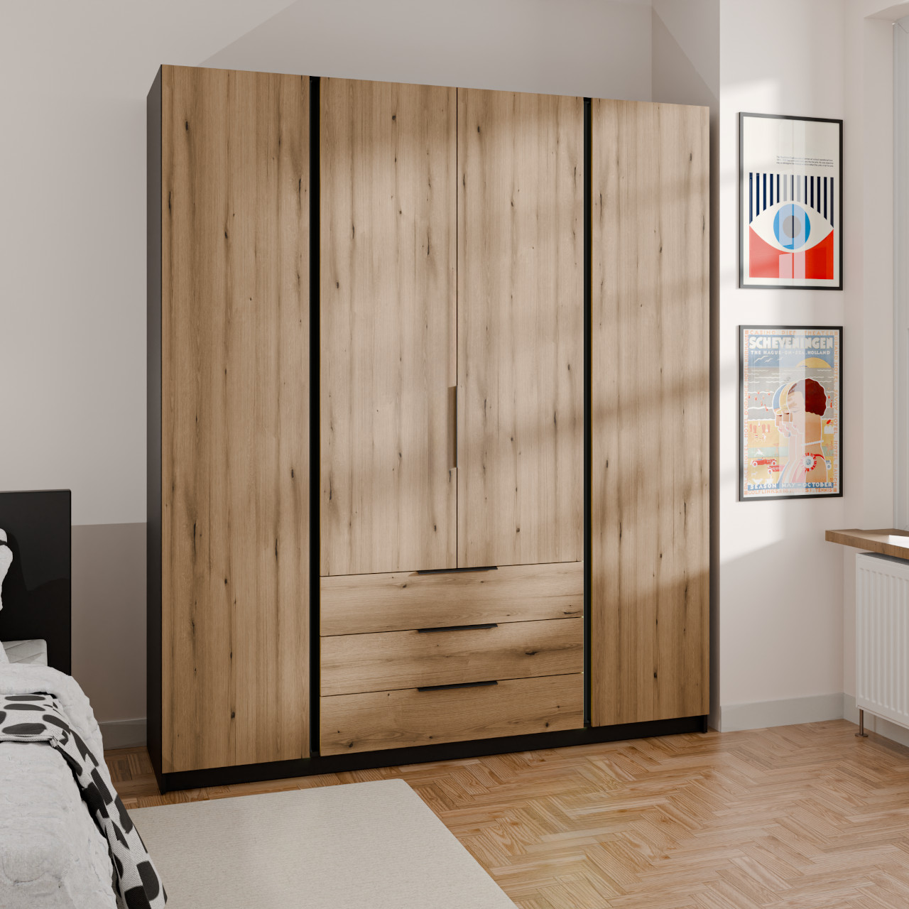 Szafa 200cm z szufladami KAYA 01 czarny / dąb evoke - obrazek 5
