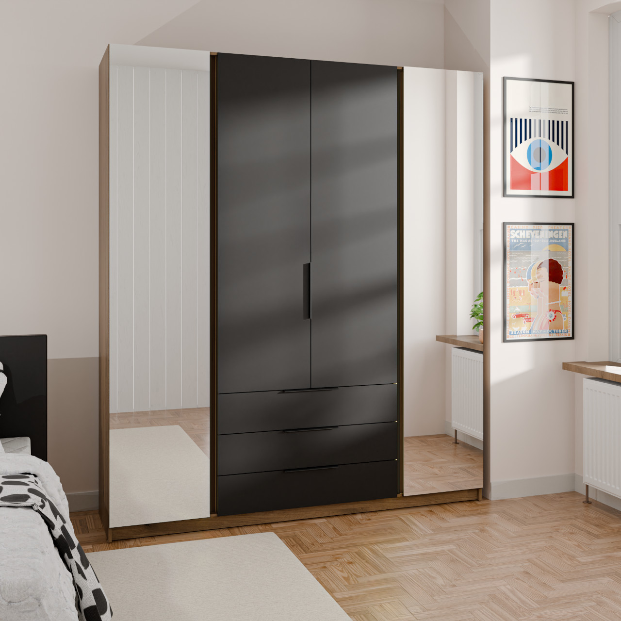 Szafa 200cm z lustrem i szufladami KAYA 02 dąb evoke / czarny - obrazek 5