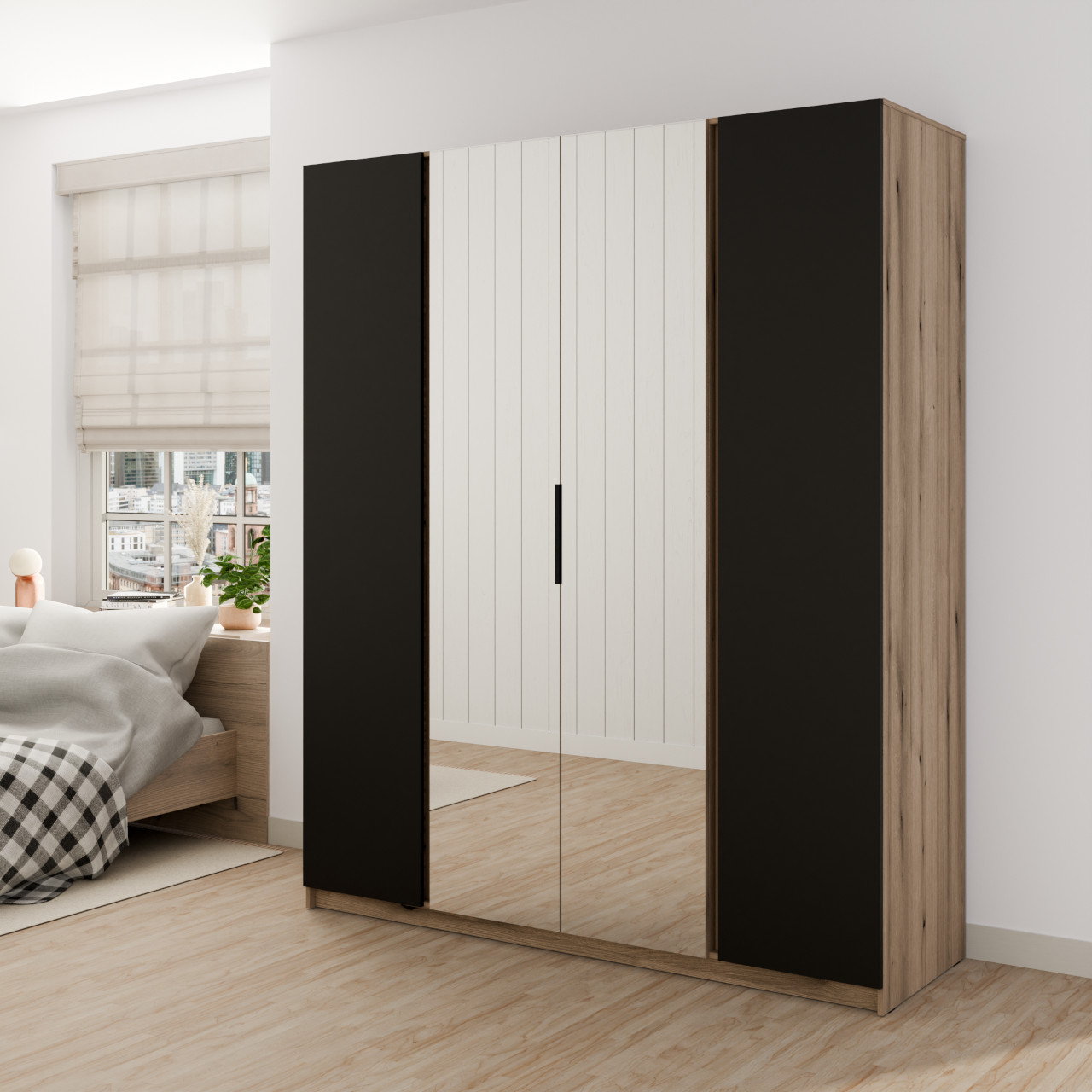 Szafa 200 cm z lustrem KAYA 08 dąb evoke / czarny – pojemna garderoba do sypialni, elegancki mebel z naturalnym dekorem - obrazek 5