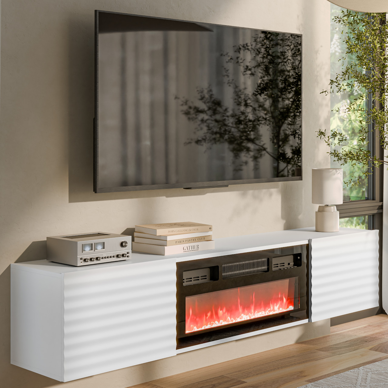 Szafka RTV z kominkiem CLAIRE 01 biała / czarny - obrazek 4