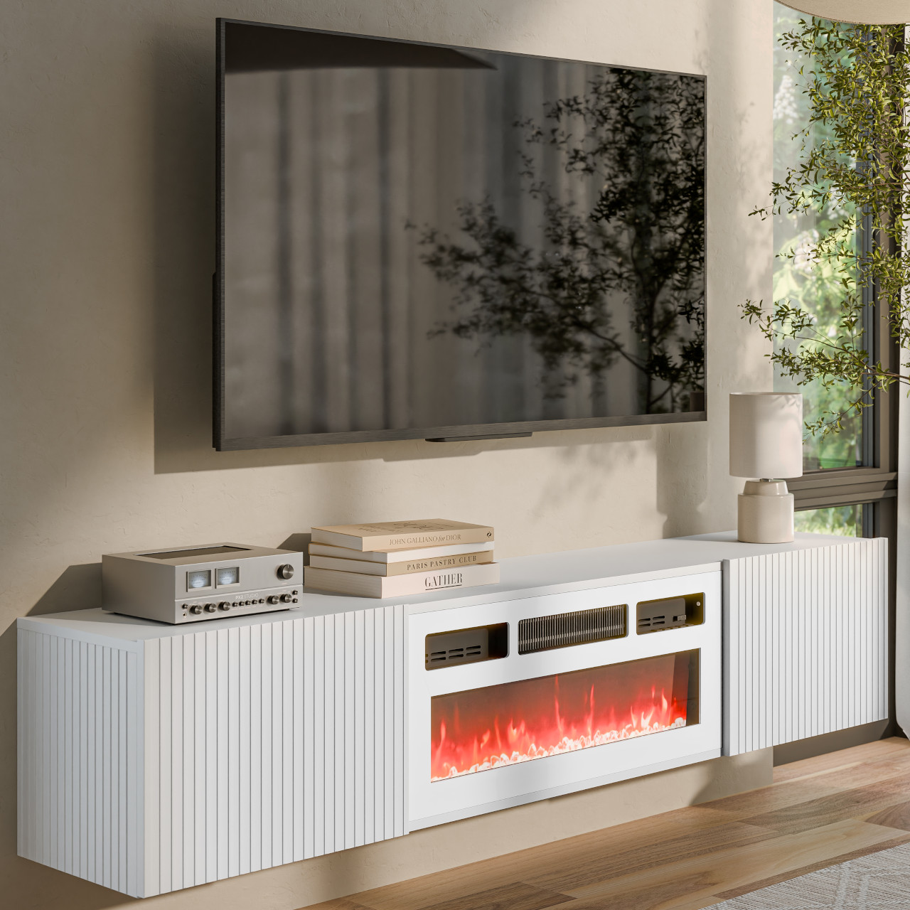 Szafka RTV z kominkiem CLAIRE 02 biała - obrazek 4