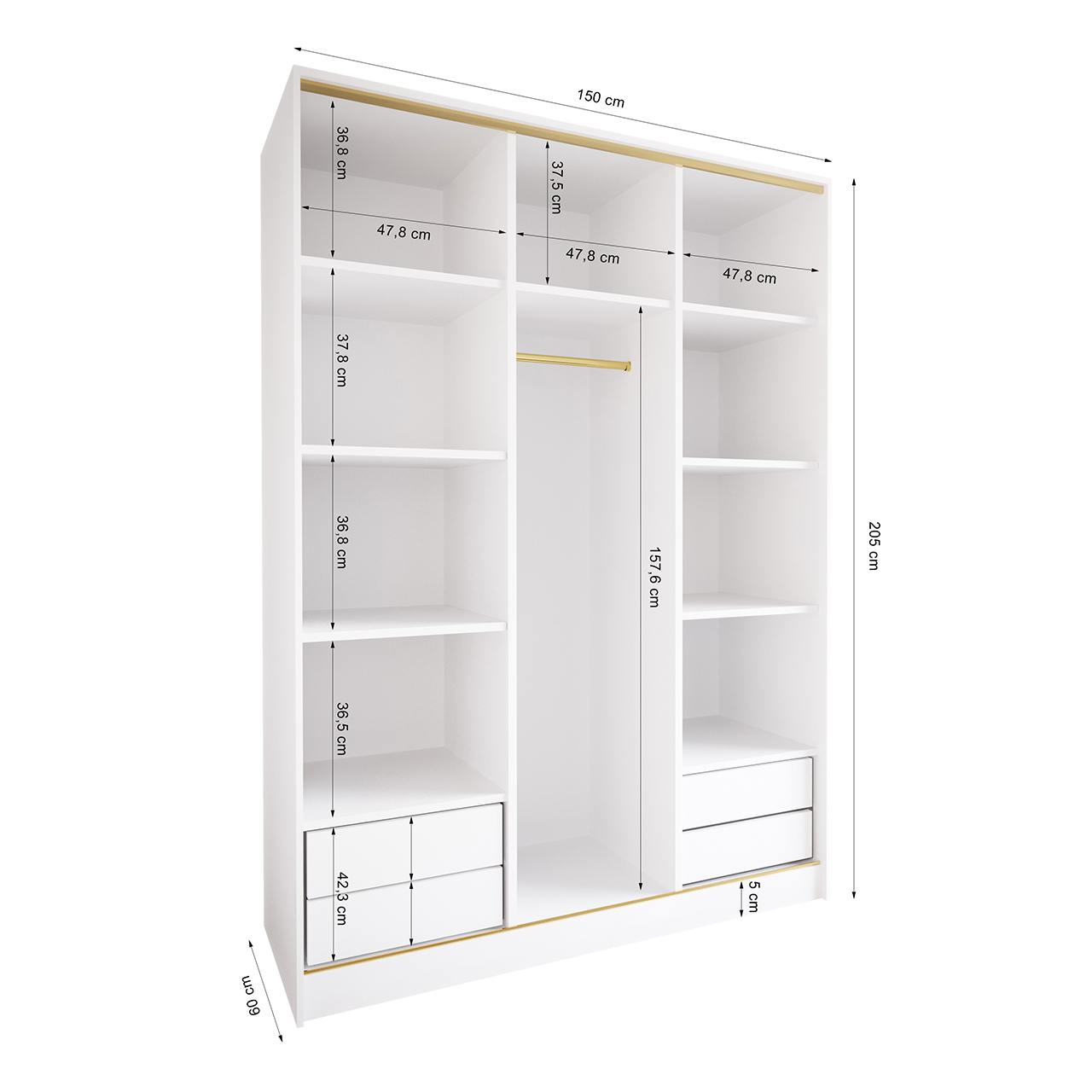 Szafa przesuwna z lustrem i szufladami TRIVI D 150 biały / złoty - obrazek 4