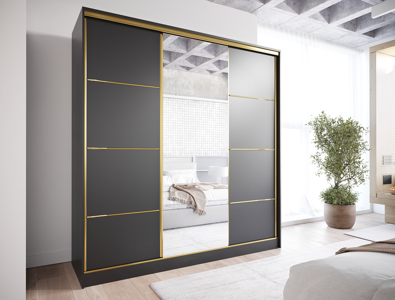 Szafa przesuwna z lustrem TRIVI B 180 czarny / złoty - obrazek 4